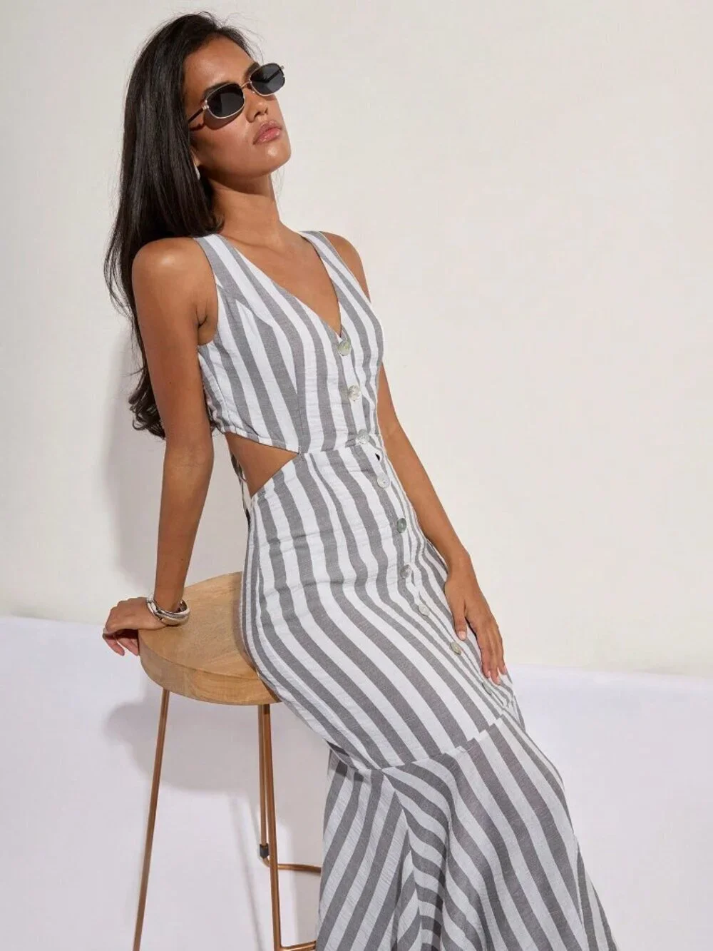 Multicolor Casual Women's striped hollow Back v-neck Mermaid maxi Dress vacay